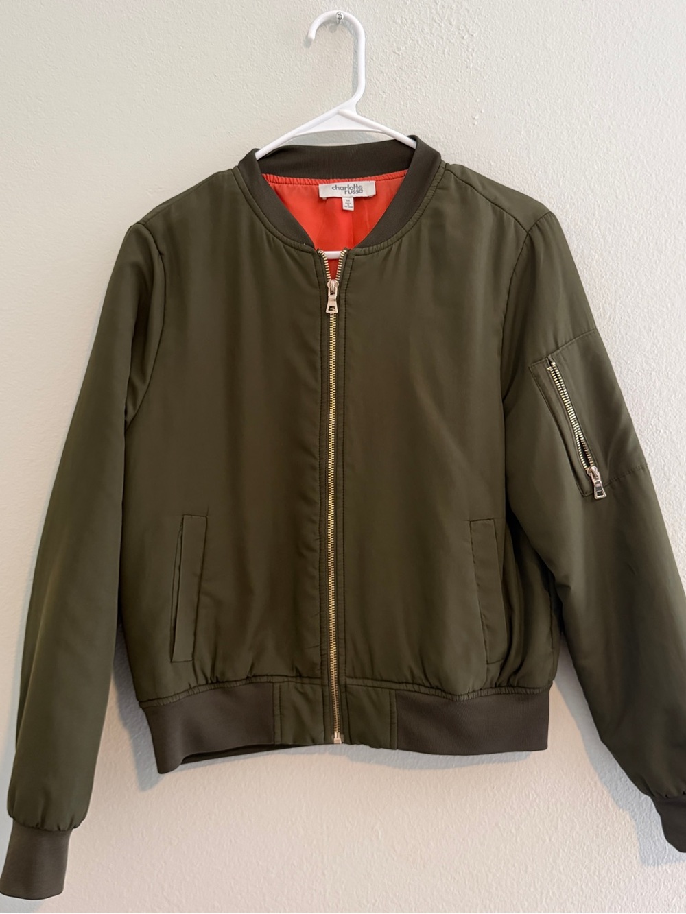 Charlotte Russe Olive Green Bomber Jacket with Orange Lining